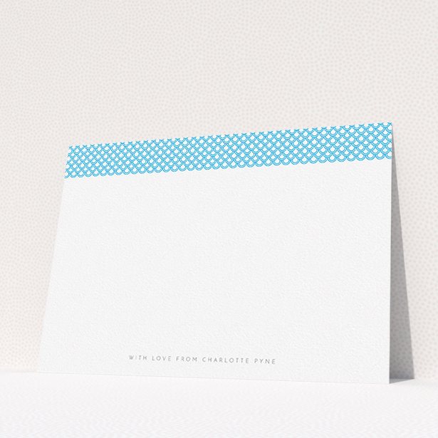 A ladies custom writing stationery template titled "Japanese blue". It is an A5 card in a landscape orientation. "Japanese blue" is available as a flat card, with tones of blue and white.