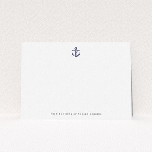 A ladies custom writing stationery design called "Land ahoy". It is an A5 card in a landscape orientation. "Land ahoy" is available as a flat card, with tones of white and blue.