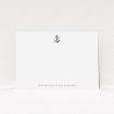 A ladies custom writing stationery design called "Land ahoy". It is an A5 card in a landscape orientation. "Land ahoy" is available as a flat card, with tones of white and blue.