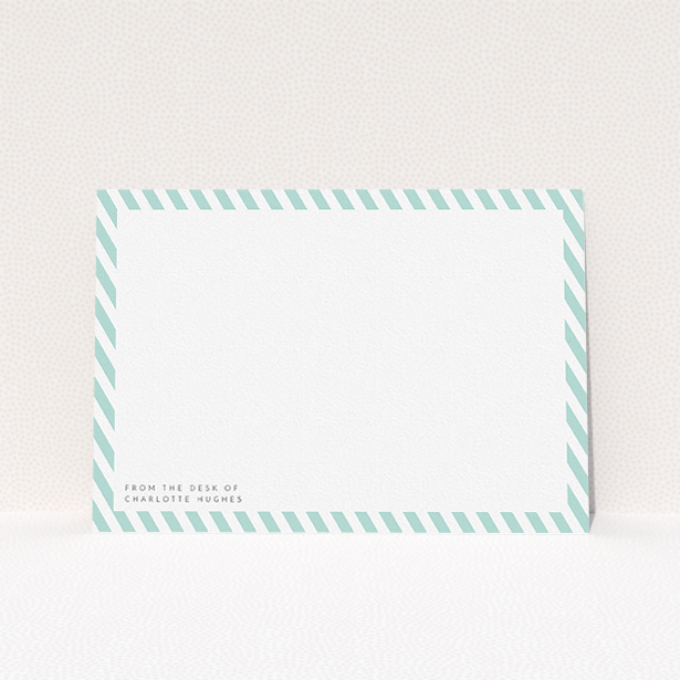 A ladies custom writing stationery called "Mint Diagonals". It is an A5 card in a landscape orientation. "Mint Diagonals" is available as a flat card, with tones of green and white.