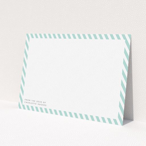 A ladies custom writing stationery called 'Mint Diagonals'. It is an A5 card in a landscape orientation. 'Mint Diagonals' is available as a flat card, with tones of green and white.