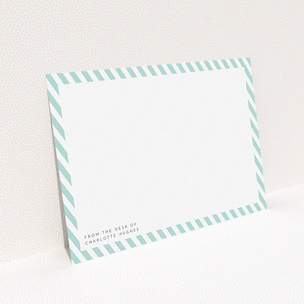 A ladies custom writing stationery called "Mint Diagonals". It is an A5 card in a landscape orientation. "Mint Diagonals" is available as a flat card, with tones of green and white.