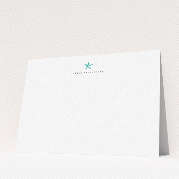 A ladies custom writing stationery design titled "Mountain star". It is an A5 card in a landscape orientation. "Mountain star" is available as a flat card, with tones of white and green.