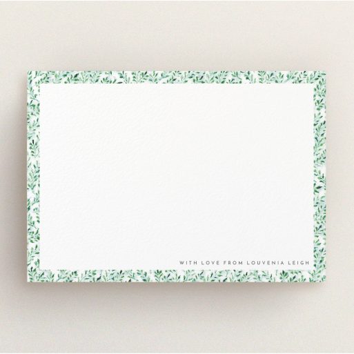 Custom Writing Stationery Design for Women - "Out of the hedge" A ladies custom writing stationery design named "Out of the hedge". It is an A5 card in a landscape orientation. "Out of the hedge" is available as a flat card, with tones of green and white.