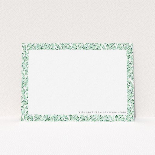 A ladies custom writing stationery design named "Out of the hedge". It is an A5 card in a landscape orientation. "Out of the hedge" is available as a flat card, with tones of green and white.