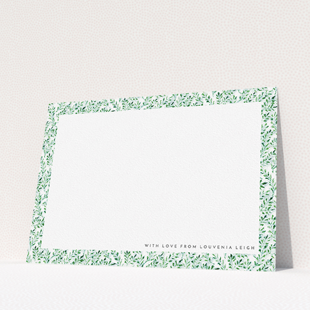 A ladies custom writing stationery design named "Out of the hedge". It is an A5 card in a landscape orientation. "Out of the hedge" is available as a flat card, with tones of green and white.