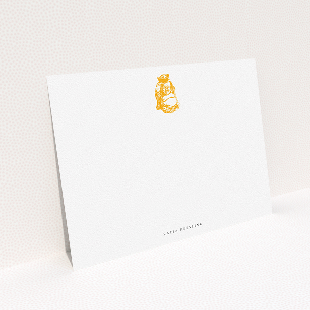 A ladies custom writing stationery called "Peace within". It is an A5 card in a landscape orientation. "Peace within" is available as a flat card, with tones of white and orange.