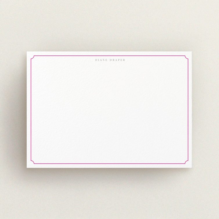 A ladies custom writing stationery design named "Pink circle border". It is an A6 card in a landscape orientation. "Pink circle border" is available as a flat card, with tones of white and pink.