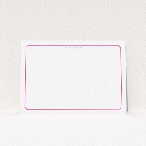 A ladies custom writing stationery design named "Pink circle border". It is an A6 card in a landscape orientation. "Pink circle border" is available as a flat card, with tones of white and pink.