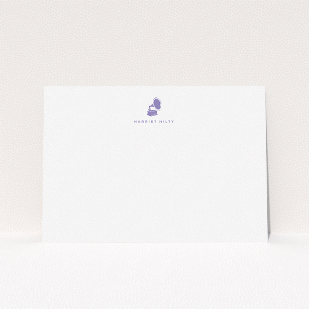 A ladies custom writing stationery named "Purple music". It is an A5 card in a landscape orientation. "Purple music" is available as a flat card, with tones of white and purple.
