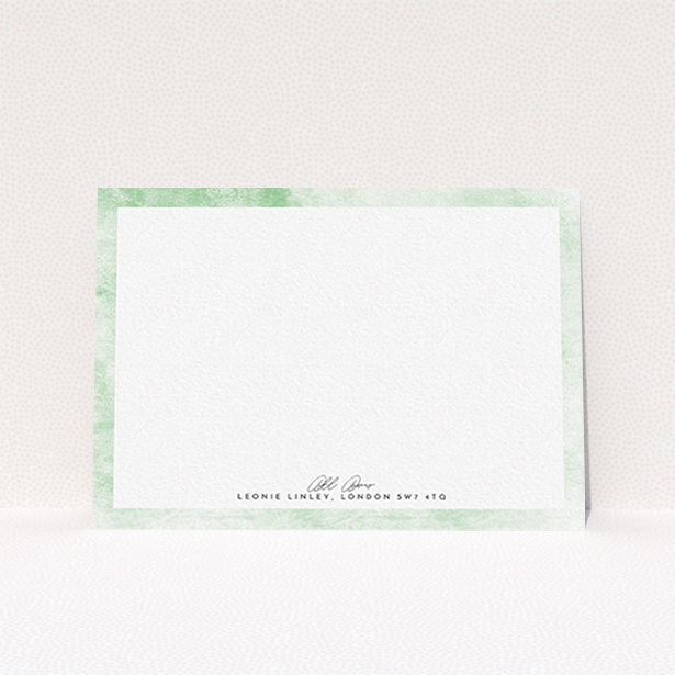 A ladies custom writing stationery called "Rustic Green". It is an A6 card in a landscape orientation. "Rustic Green" is available as a flat card, with tones of green and white.