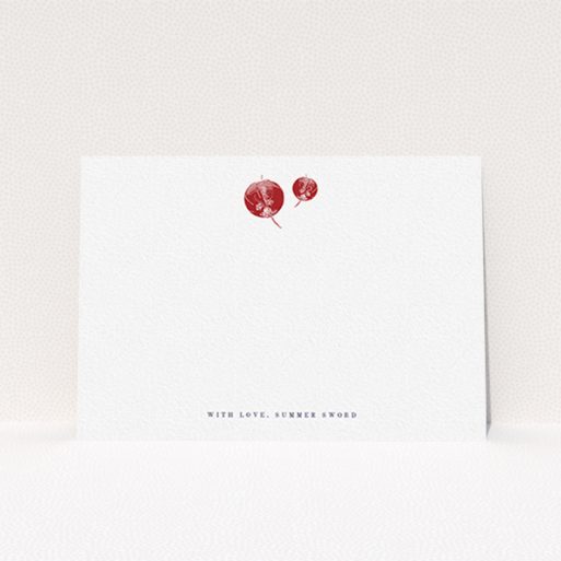A ladies custom writing stationery template titled "Shanghai Nights". It is an A6 card in a landscape orientation. "Shanghai Nights" is available as a flat card, with tones of white and red.