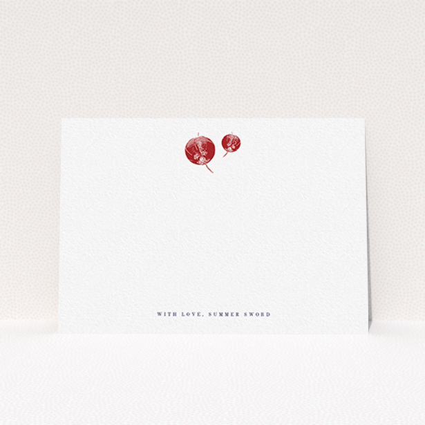 A ladies custom writing stationery template titled "Shanghai Nights". It is an A6 card in a landscape orientation. "Shanghai Nights" is available as a flat card, with tones of white and red.