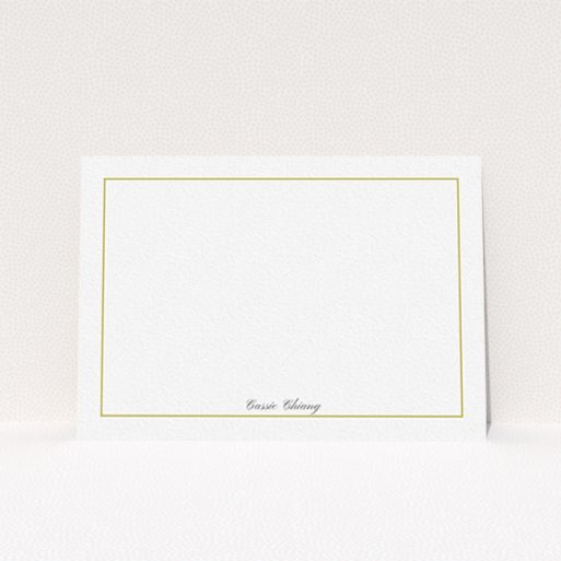 A ladies custom writing stationery design titled "Simple border". It is an A6 card in a landscape orientation. "Simple border" is available as a flat card, with tones of white and gold.