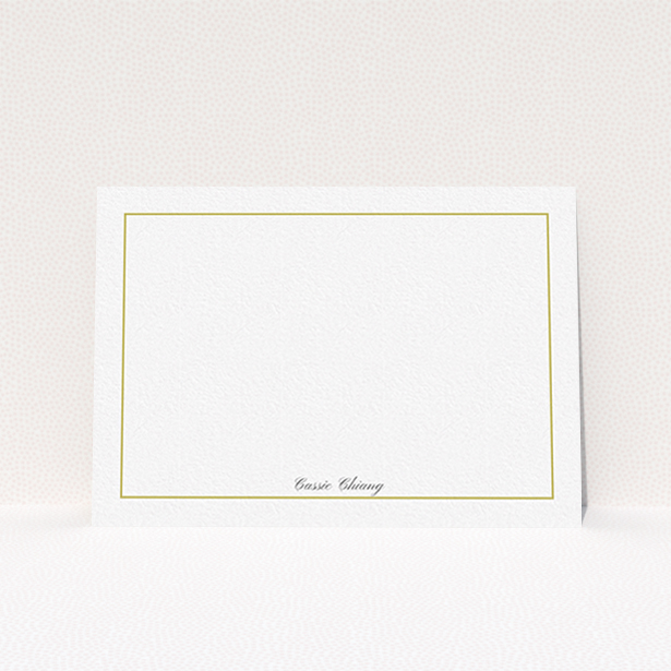 A ladies custom writing stationery design titled "Simple border". It is an A6 card in a landscape orientation. "Simple border" is available as a flat card, with tones of white and gold.