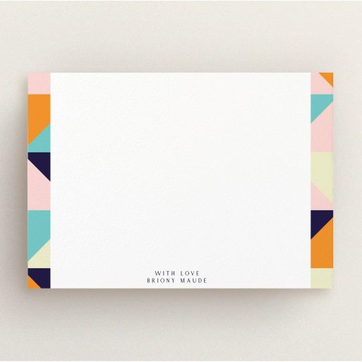Custom Writing Stationery Design for Women - "Sloane Squares" A ladies custom writing stationery design titled "Sloane Squares". It is an A5 card in a landscape orientation. "Sloane Squares" is available as a flat card, with mainly orange colouring.