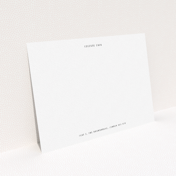 A ladies custom writing stationery design named "Straight to the point". It is an A5 card in a landscape orientation. "Straight to the point" is available as a flat card, with tones of white and black.