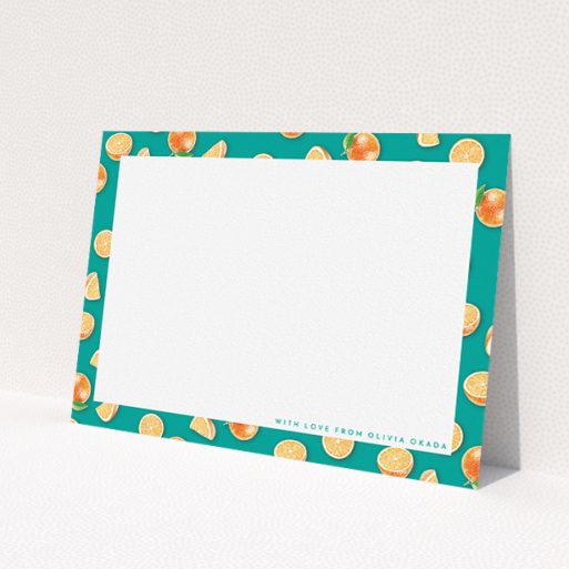 A ladies custom writing stationery template titled 'Summer oranges'. It is an A5 card in a landscape orientation. 'Summer oranges' is available as a flat card, with tones of orange and blue.
