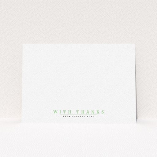 A ladies custom writing stationery design called "Thanks is important". It is an A6 card in a landscape orientation. "Thanks is important" is available as a flat card, with tones of white and green.
