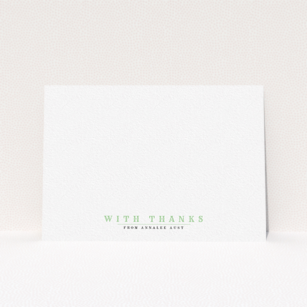 A ladies custom writing stationery design called "Thanks is important". It is an A6 card in a landscape orientation. "Thanks is important" is available as a flat card, with tones of white and green.