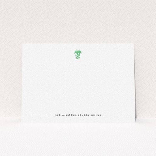 A ladies custom writing stationery template titled "The impossible elephant". It is an A6 card in a landscape orientation. "The impossible elephant" is available as a flat card, with tones of white and green.