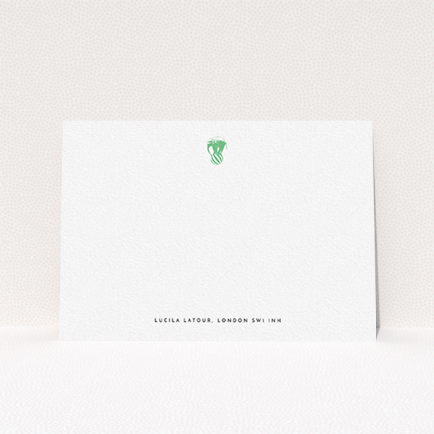 A ladies custom writing stationery template titled "The impossible elephant". It is an A6 card in a landscape orientation. "The impossible elephant" is available as a flat card, with tones of white and green.