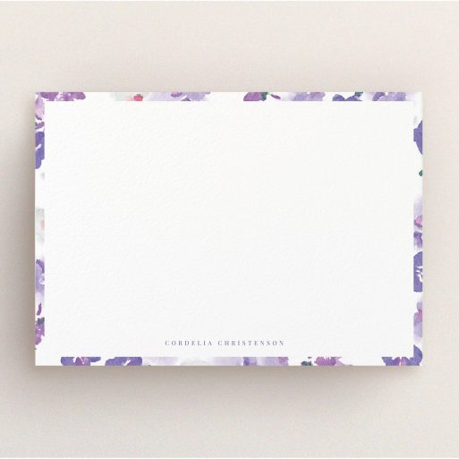 Custom Writing Stationery Design for Women - "Violet Scatter" A ladies custom writing stationery design called "Violet Scatter". It is an A5 card in a landscape orientation. "Violet Scatter" is available as a flat card, with mainly purple/dark pink colouring.