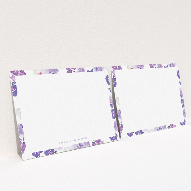 A ladies custom writing stationery design called "Violet Scatter". It is an A5 card in a landscape orientation. "Violet Scatter" is available as a flat card, with mainly purple/dark pink colouring.