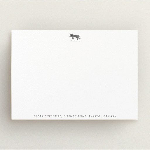 Custom Writing Stationery Design for Women - "Zebra crossing" A ladies custom writing stationery named "Zebra crossing". It is an A5 card in a landscape orientation. "Zebra crossing" is available as a flat card, with mainly white colouring.