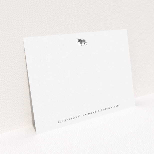 A ladies custom writing stationery named "Zebra crossing". It is an A5 card in a landscape orientation. "Zebra crossing" is available as a flat card, with mainly white colouring.