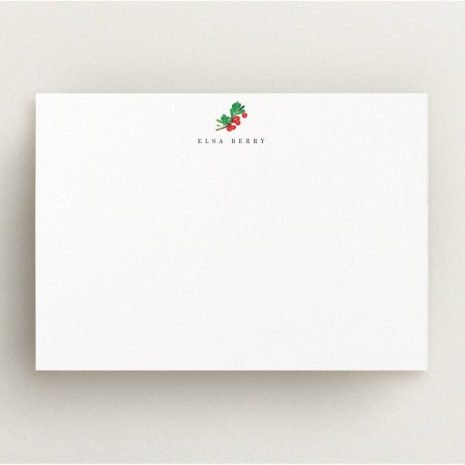 Personalised Note Card Design for Women - "A branch of berries" A ladies personalised note card design called "A branch of berries". It is an A5 card in a landscape orientation. "A branch of berries" is available as a flat card, with tones of white and green.