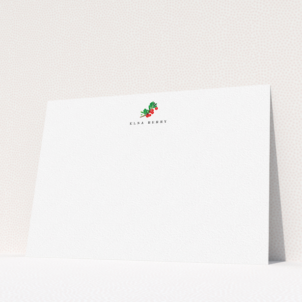 A ladies personalised note card design called "A branch of berries". It is an A5 card in a landscape orientation. "A branch of berries" is available as a flat card, with tones of white and green.