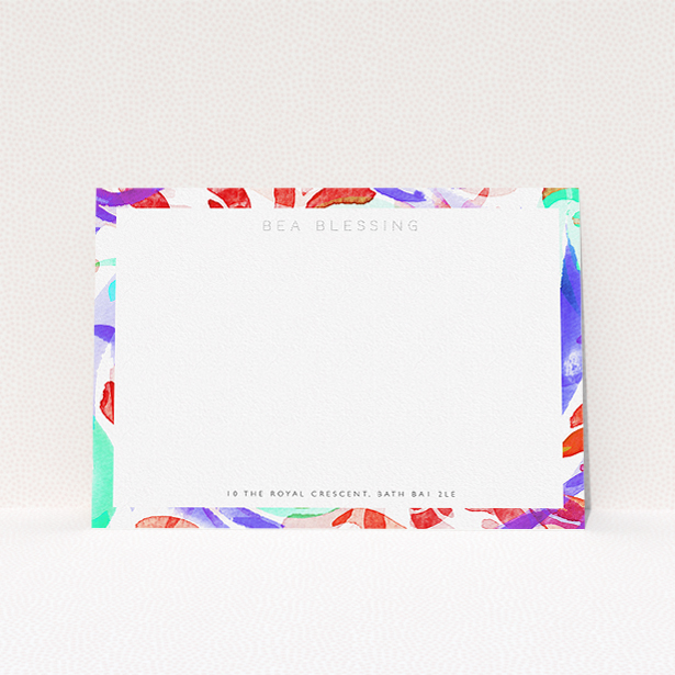 A ladies personalised note card template titled "Abstract Neon". It is an A5 card in a landscape orientation. "Abstract Neon" is available as a flat card, with mainly red colouring.