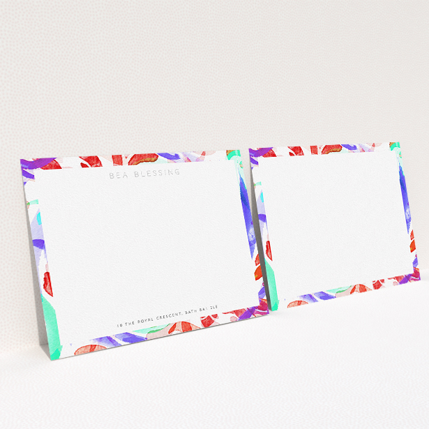 A ladies personalised note card template titled "Abstract Neon". It is an A5 card in a landscape orientation. "Abstract Neon" is available as a flat card, with mainly red colouring.
