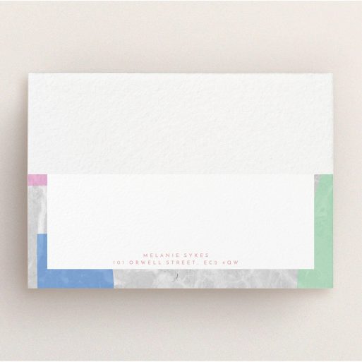 Personalised Note Card Design for Women - "Abstract Stone" A ladies personalised note card design named "Abstract Stone". It is an A5 card in a landscape orientation. "Abstract Stone" is available as a flat card, with tones of light grey and red.