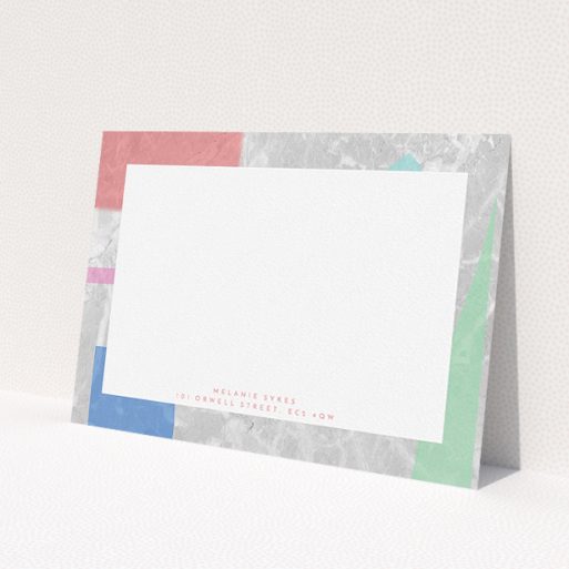 A ladies personalised note card design named 'Abstract Stone'. It is an A5 card in a landscape orientation. 'Abstract Stone' is available as a flat card, with tones of light grey and red.