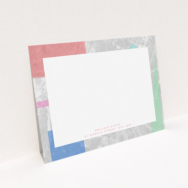 A ladies personalised note card design named "Abstract Stone". It is an A5 card in a landscape orientation. "Abstract Stone" is available as a flat card, with tones of light grey and red.