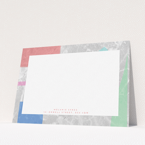 A ladies personalised note card design named "Abstract Stone". It is an A5 card in a landscape orientation. "Abstract Stone" is available as a flat card, with tones of light grey and red.