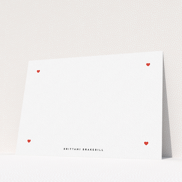A ladies personalised note card named "All the hearts". It is an A5 card in a landscape orientation. "All the hearts" is available as a flat card, with tones of white and red.