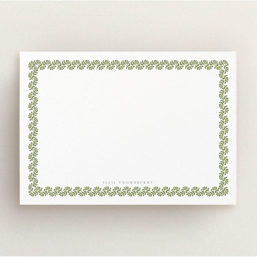Personalised Note Card Design for Women - "Around the garden wall" A ladies personalised note card design named "Around the garden wall". It is an A5 card in a landscape orientation. "Around the garden wall" is available as a flat card, with mainly green colouring.