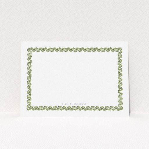 A ladies personalised note card design named "Around the garden wall". It is an A5 card in a landscape orientation. "Around the garden wall" is available as a flat card, with mainly green colouring.