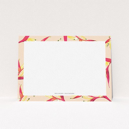 A ladies personalised note card named "Birds of paradise". It is an A6 card in a landscape orientation. "Birds of paradise" is available as a flat card, with tones of dark cream and red.