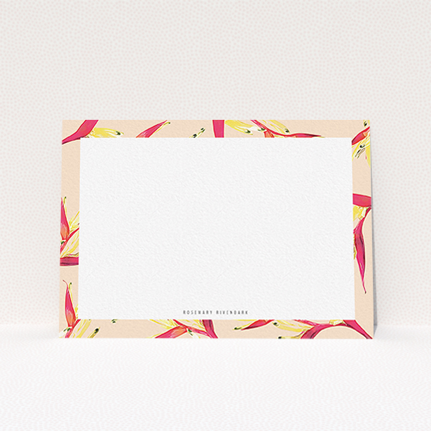 A ladies personalised note card named "Birds of paradise". It is an A6 card in a landscape orientation. "Birds of paradise" is available as a flat card, with tones of dark cream and red.
