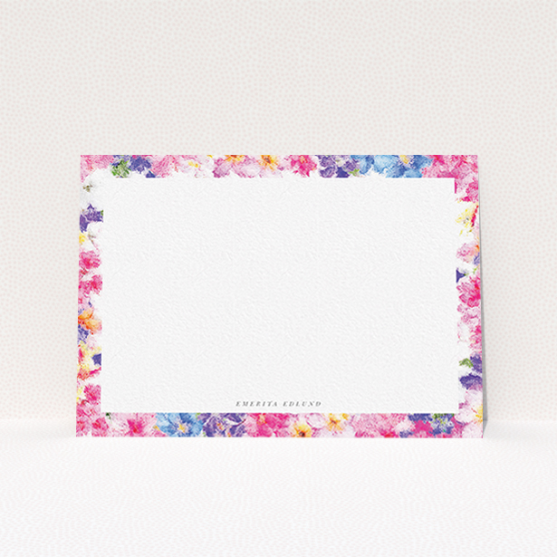 A ladies personalised note card called "Blossom smudge". It is an A6 card in a landscape orientation. "Blossom smudge" is available as a flat card, with tones of light pink and light blue.