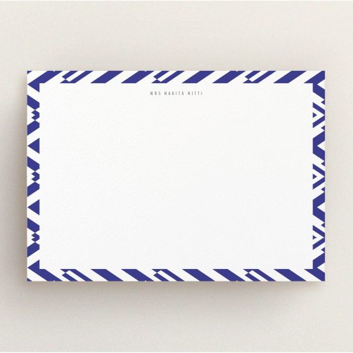 Personalised Note Card Design for Women - "Blue diamonds" A ladies personalised note card named "Blue diamonds". It is an A5 card in a landscape orientation. "Blue diamonds" is available as a flat card, with tones of blue and white.