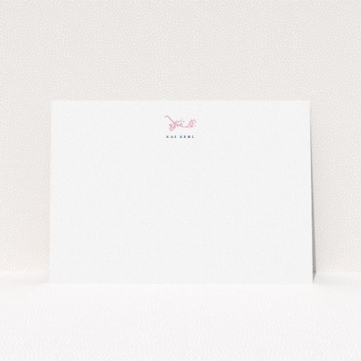 A ladies personalised note card design titled "Blushing blossom". It is an A5 card in a landscape orientation. "Blushing blossom" is available as a flat card, with tones of white and pink.