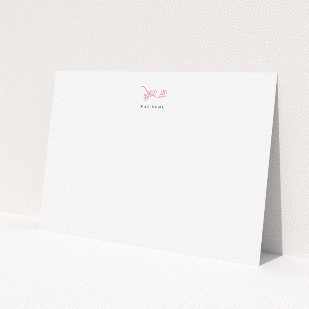 A ladies personalised note card design titled "Blushing blossom". It is an A5 card in a landscape orientation. "Blushing blossom" is available as a flat card, with tones of white and pink.