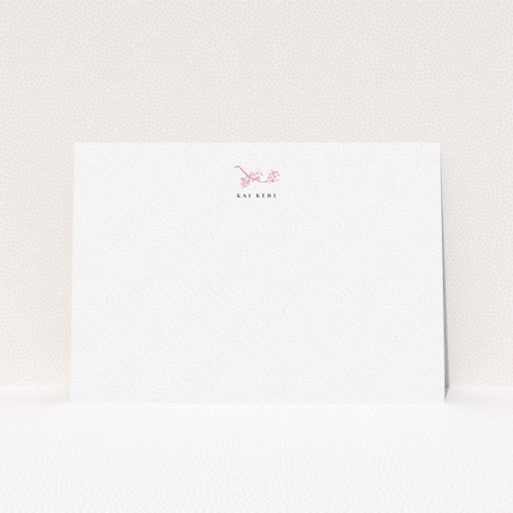 A ladies personalised note card design called "Blushing blossom". It is an A6 card in a landscape orientation. "Blushing blossom" is available as a flat card, with tones of white and pink.