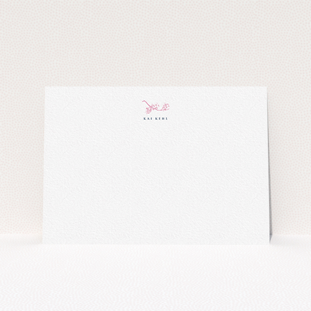 A ladies personalised note card design called "Blushing blossom". It is an A6 card in a landscape orientation. "Blushing blossom" is available as a flat card, with tones of white and pink.