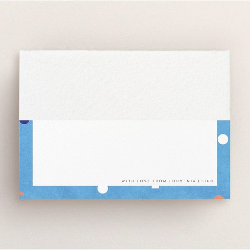 Personalised Note Card Design for Women - "Capri" A ladies personalised note card design called "Capri". It is an A5 card in a landscape orientation. "Capri" is available as a flat card, with tones of light blue and orange.